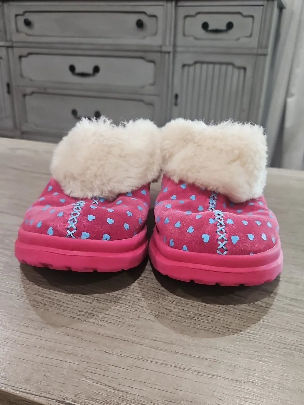 Ugg I love UGG Pink suede Heart Slippers size 5